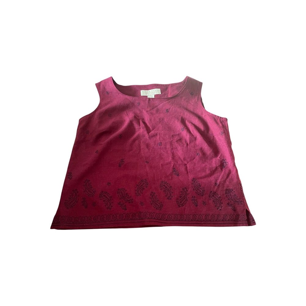 Vintage Y2K Norton McNaughton Burgundy Embroidered Linen/Rayon Tank Top Boho M
